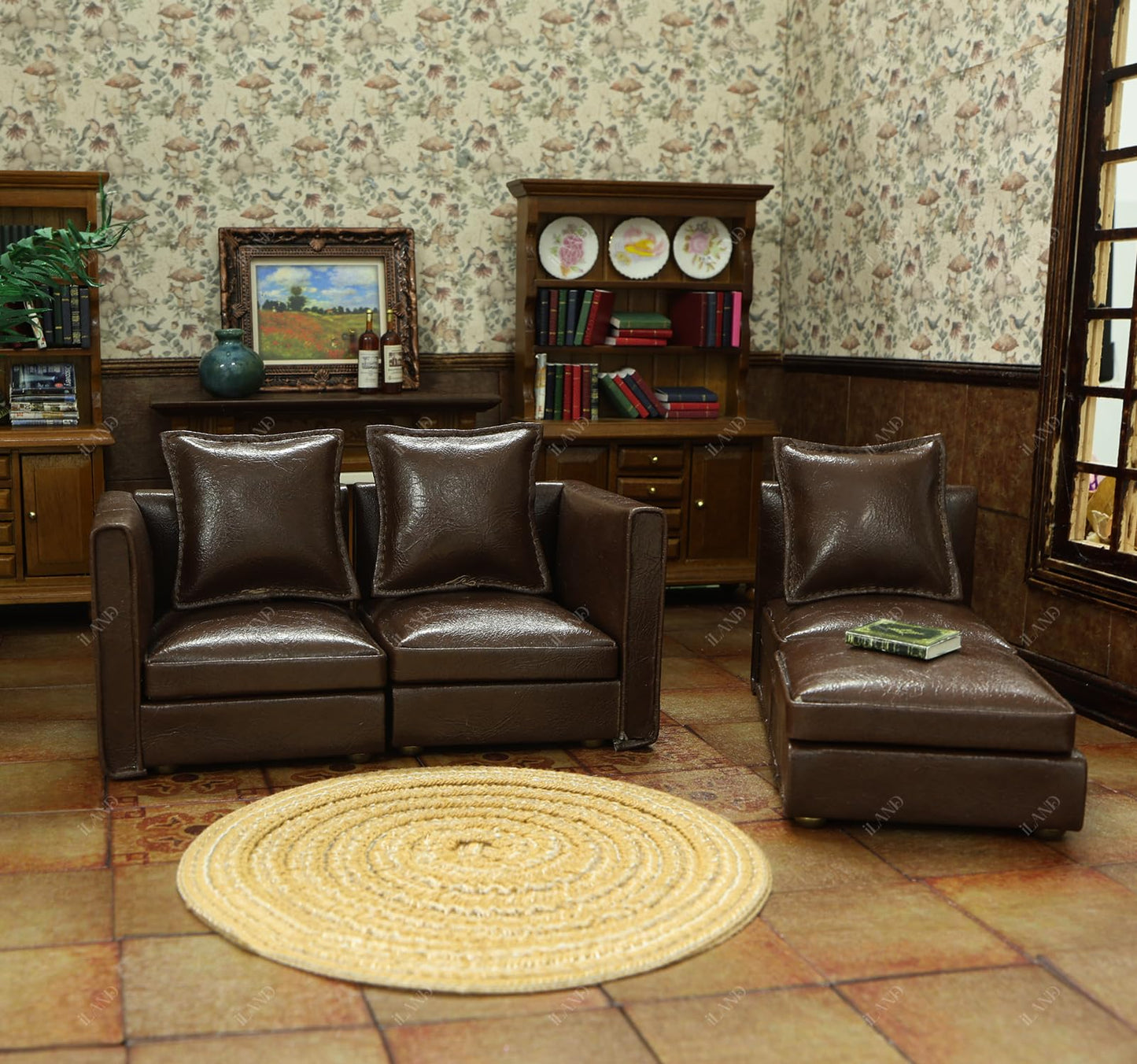iLAND Dollhouse Sectional Sofa Set – 1/12 Scale, Modern Brown Faux Leather