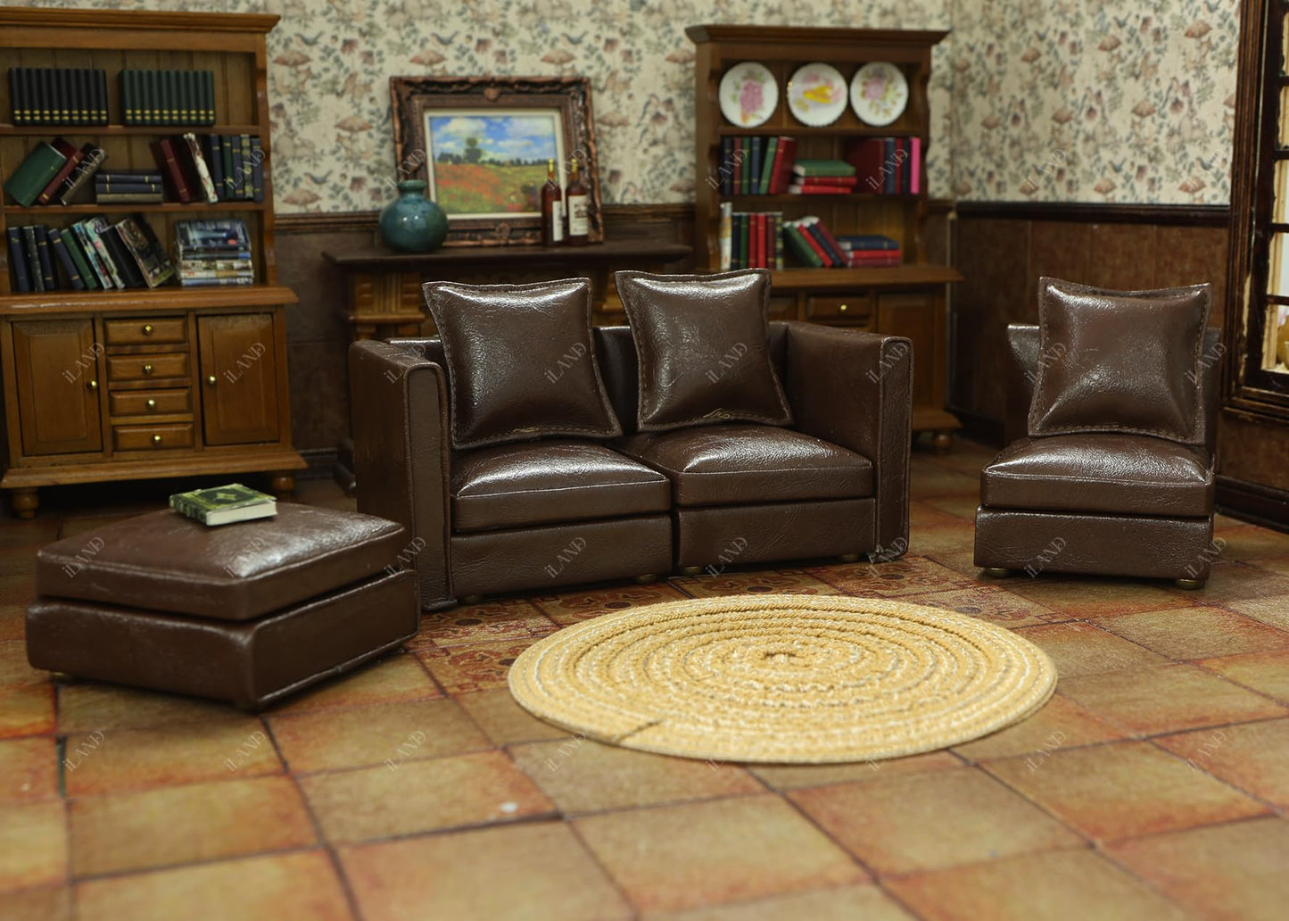iLAND Dollhouse Sectional Sofa Set – 1/12 Scale, Modern Brown Faux Leather
