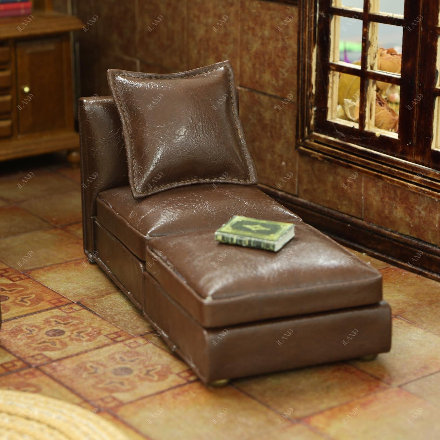 iLAND Dollhouse Sectional Sofa Set – 1/12 Scale, Modern Brown Faux Leather