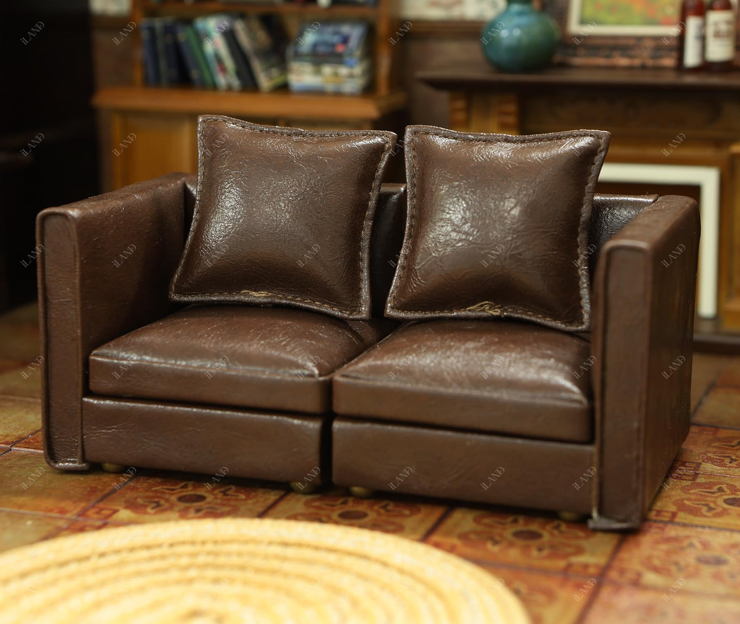 iLAND Dollhouse Sectional Sofa Set – 1/12 Scale, Modern Brown Faux Leather