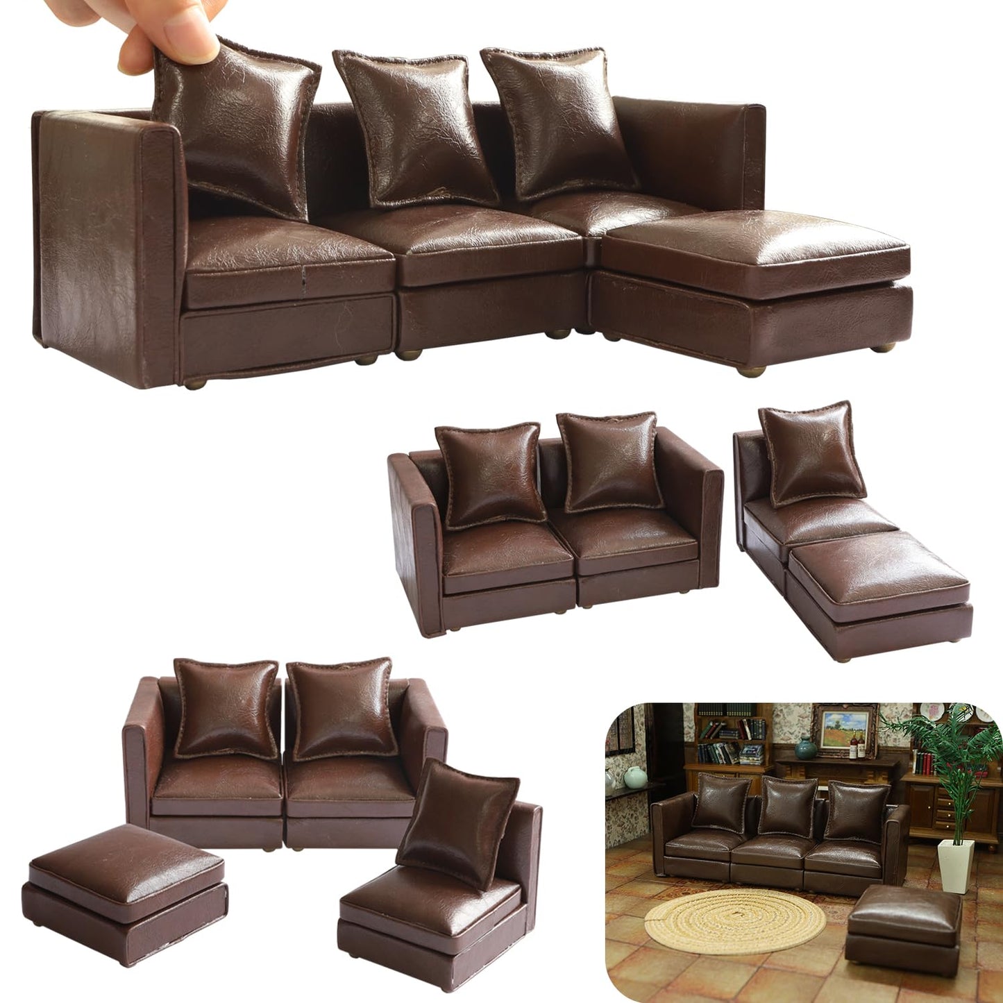 iLAND Dollhouse Sectional Sofa Set – 1/12 Scale, Modern Brown Faux Leather