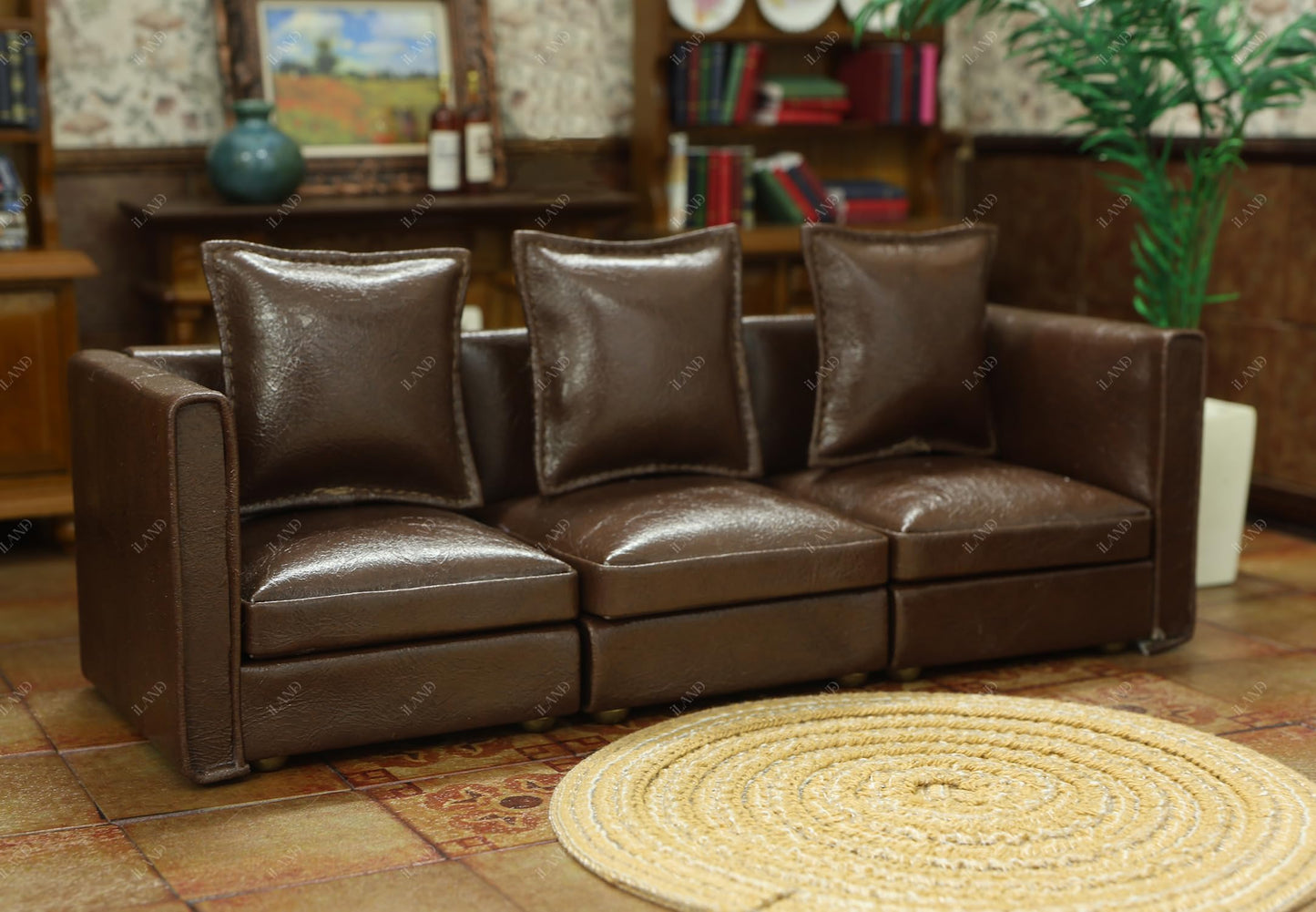 iLAND Dollhouse Sectional Sofa Set – 1/12 Scale, Modern Brown Faux Leather