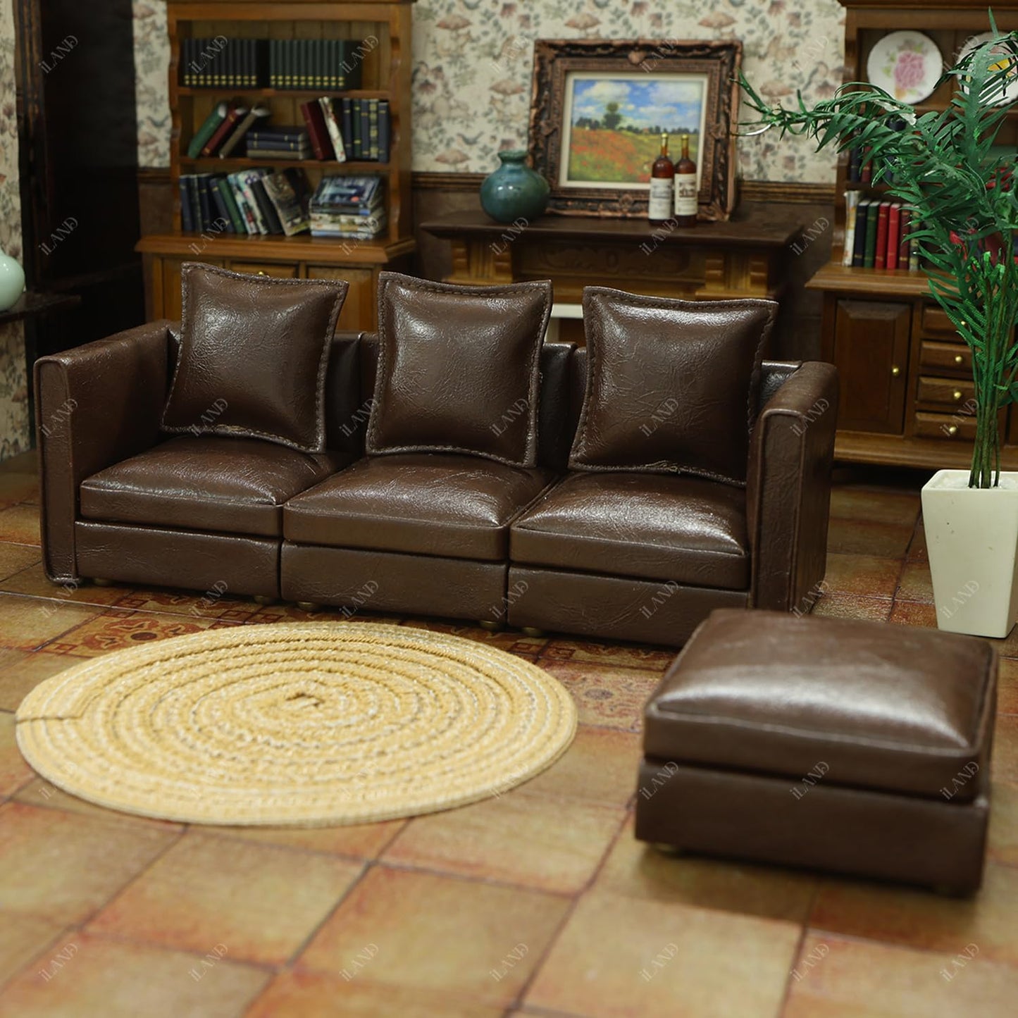 iLAND Dollhouse Sectional Sofa Set – 1/12 Scale, Modern Brown Faux Leather