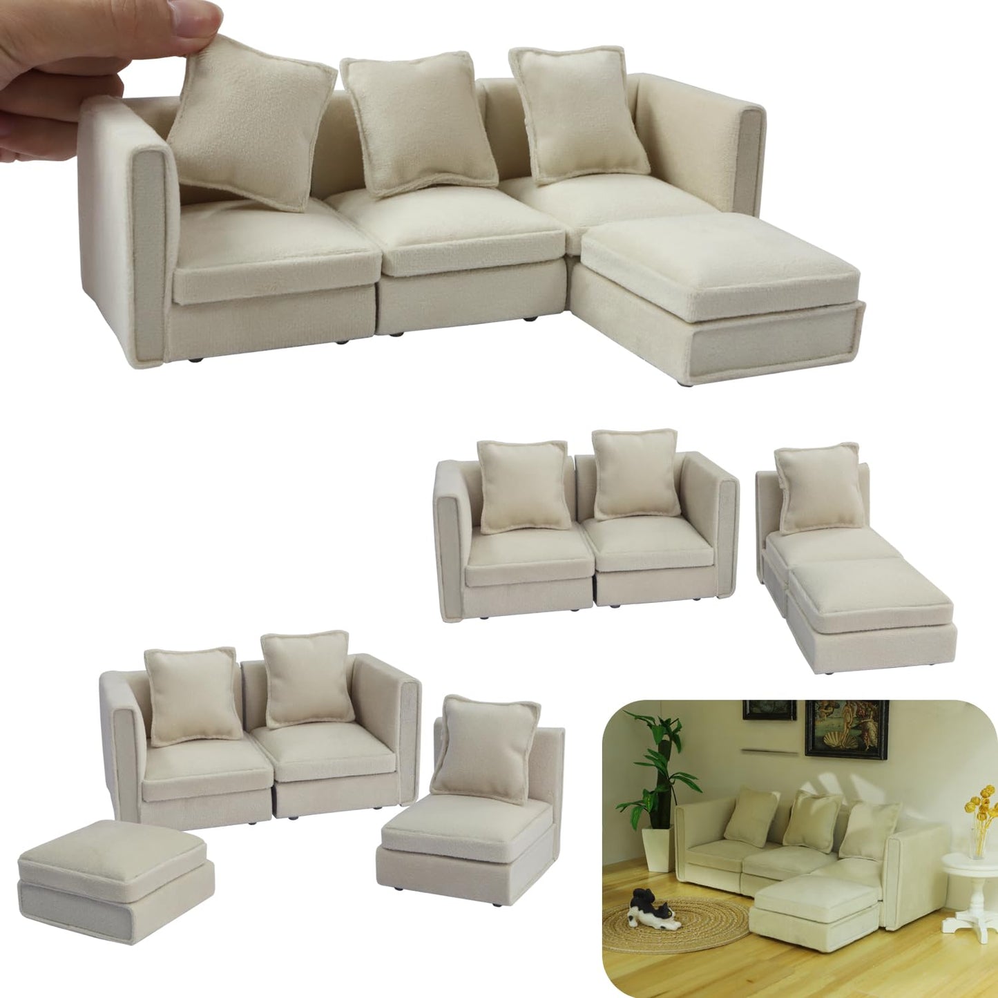 iland 1:12 Dollhouse Sectional Sofa – White Velvet Miniature Couch for 3–6 Inch Dolls