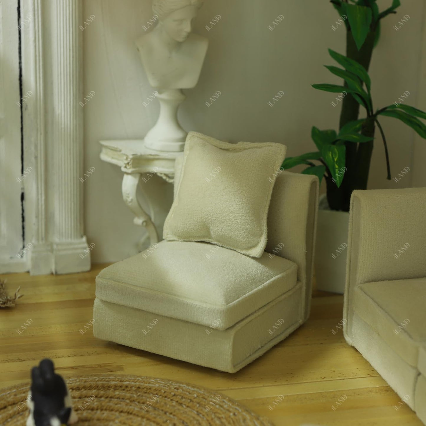 iland 1:12 Dollhouse Sectional Sofa – White Velvet Miniature Couch for 3–6 Inch Dolls