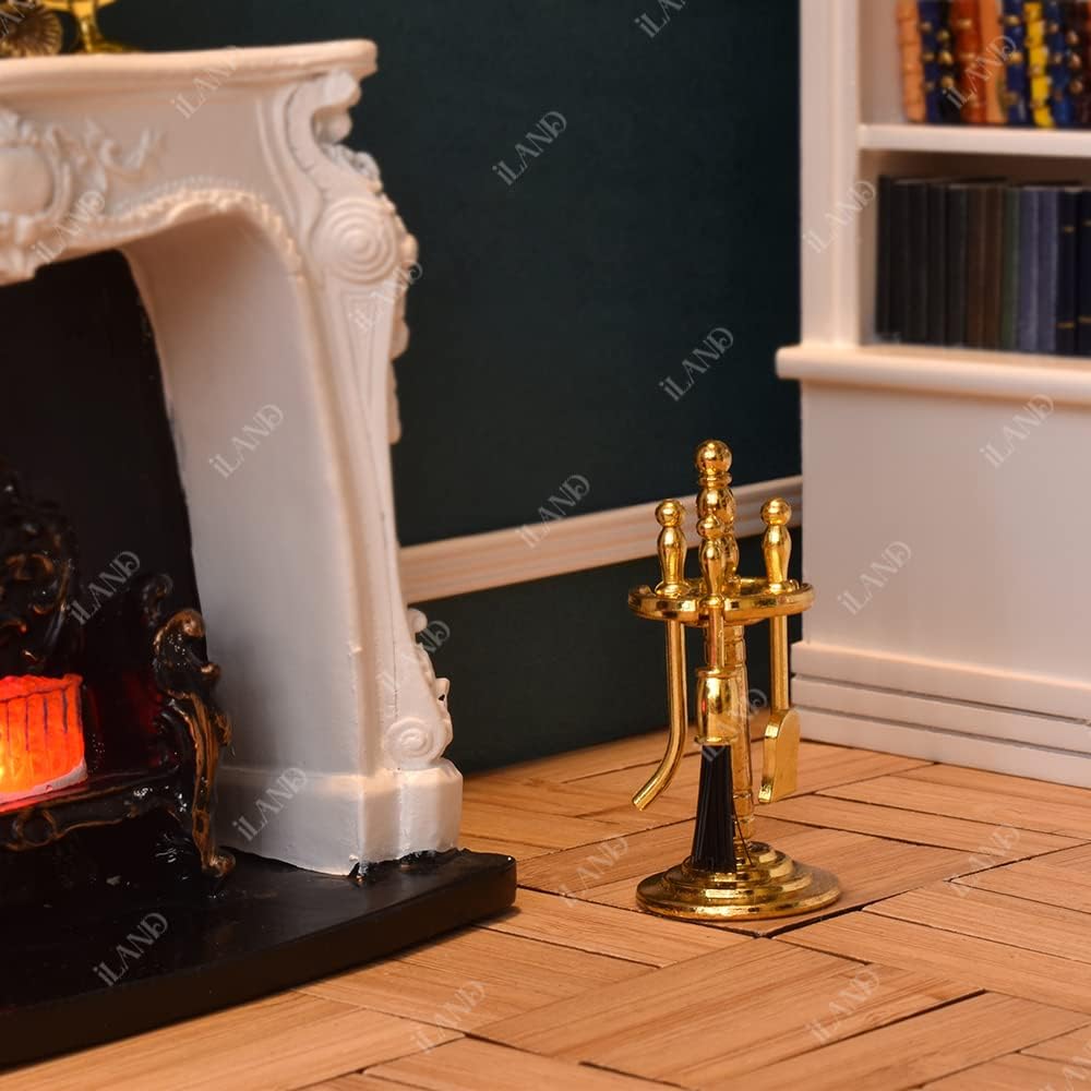 iLAND Rococo 1/12 Dollhouse Fireplace Set with Fire Light & Tools (4pc)