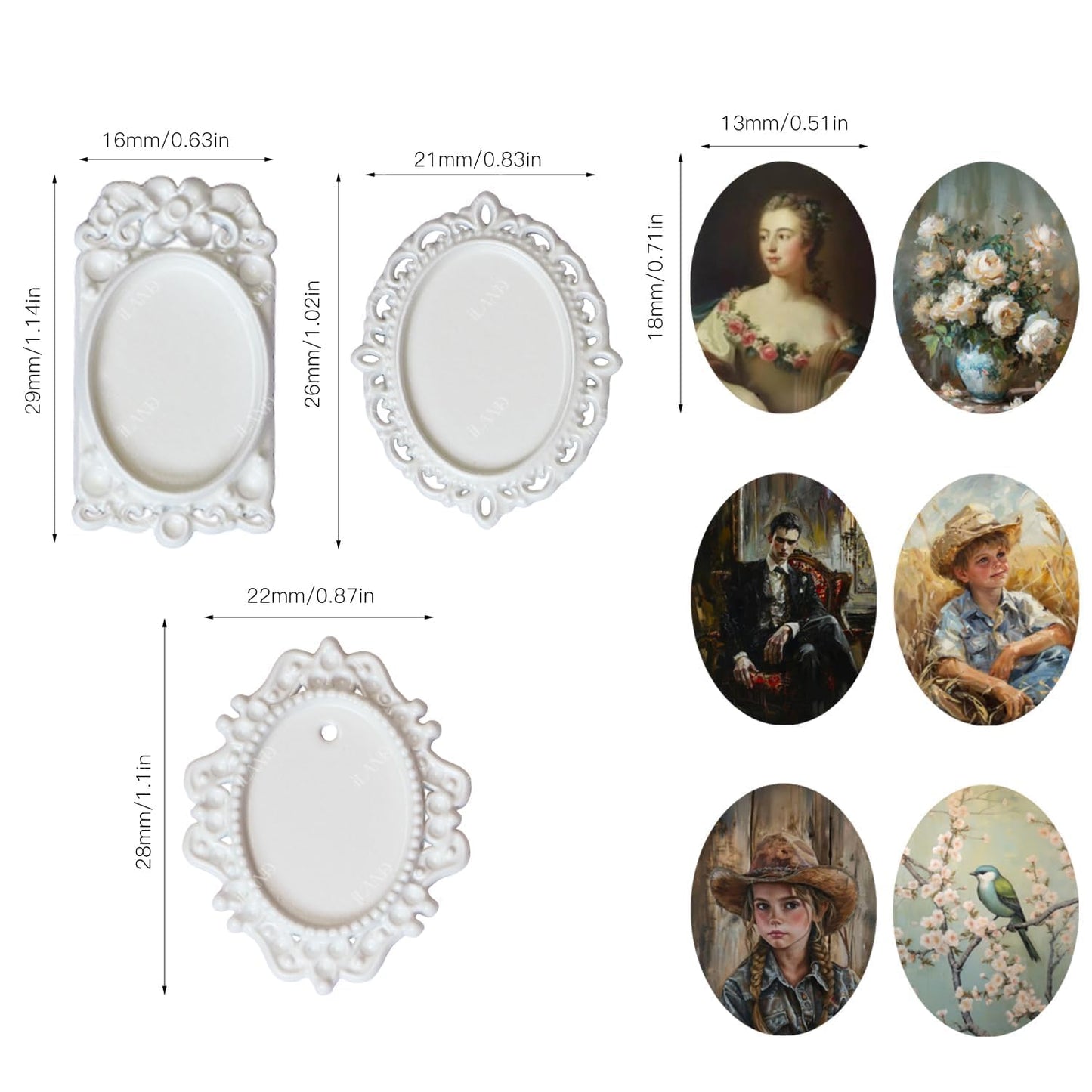 iland 1/12 Scale Tiny Frames Kit – 7 Frames + 14 Mini Pictures for Dollhouse Decor (White Frame Art)