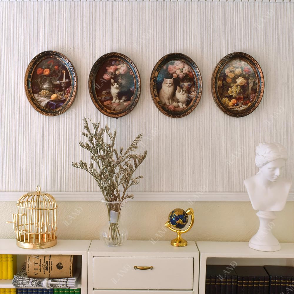 iland Miniature Dollhouse Accessories – 4 Dark Brass Oval Picture Frames with Original Paintings