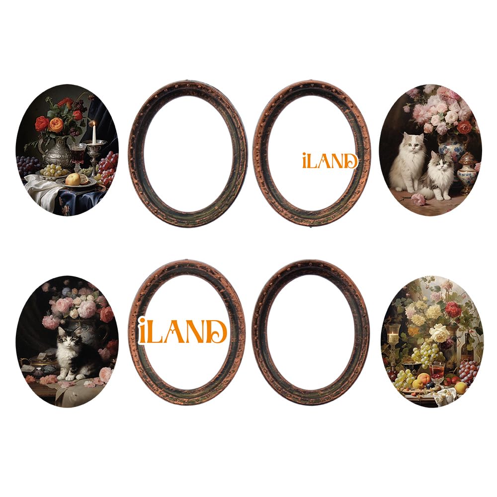 iland Miniature Dollhouse Accessories – 4 Dark Brass Oval Picture Frames with Original Paintings