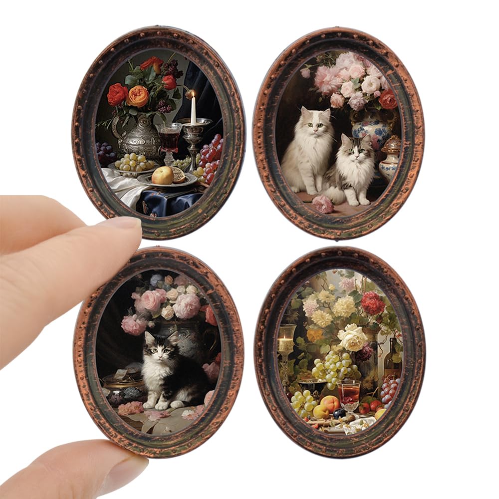 iland Miniature Dollhouse Accessories – 4 Dark Brass Oval Picture Frames with Original Paintings