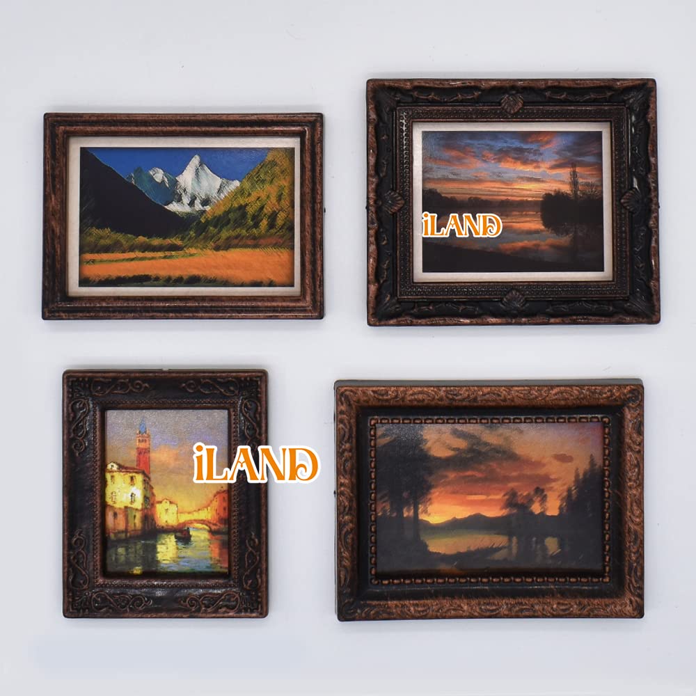 iland Miniature Dollhouse Frames – 4 Gold Frames with Classic Paintings (1:12 Scale)