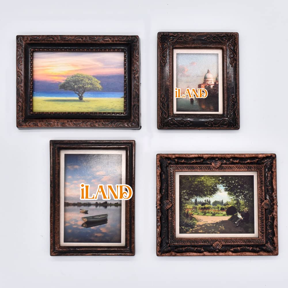 iland Miniature Dollhouse Frames – 4 Gold Frames with Classic Paintings (1:12 Scale)