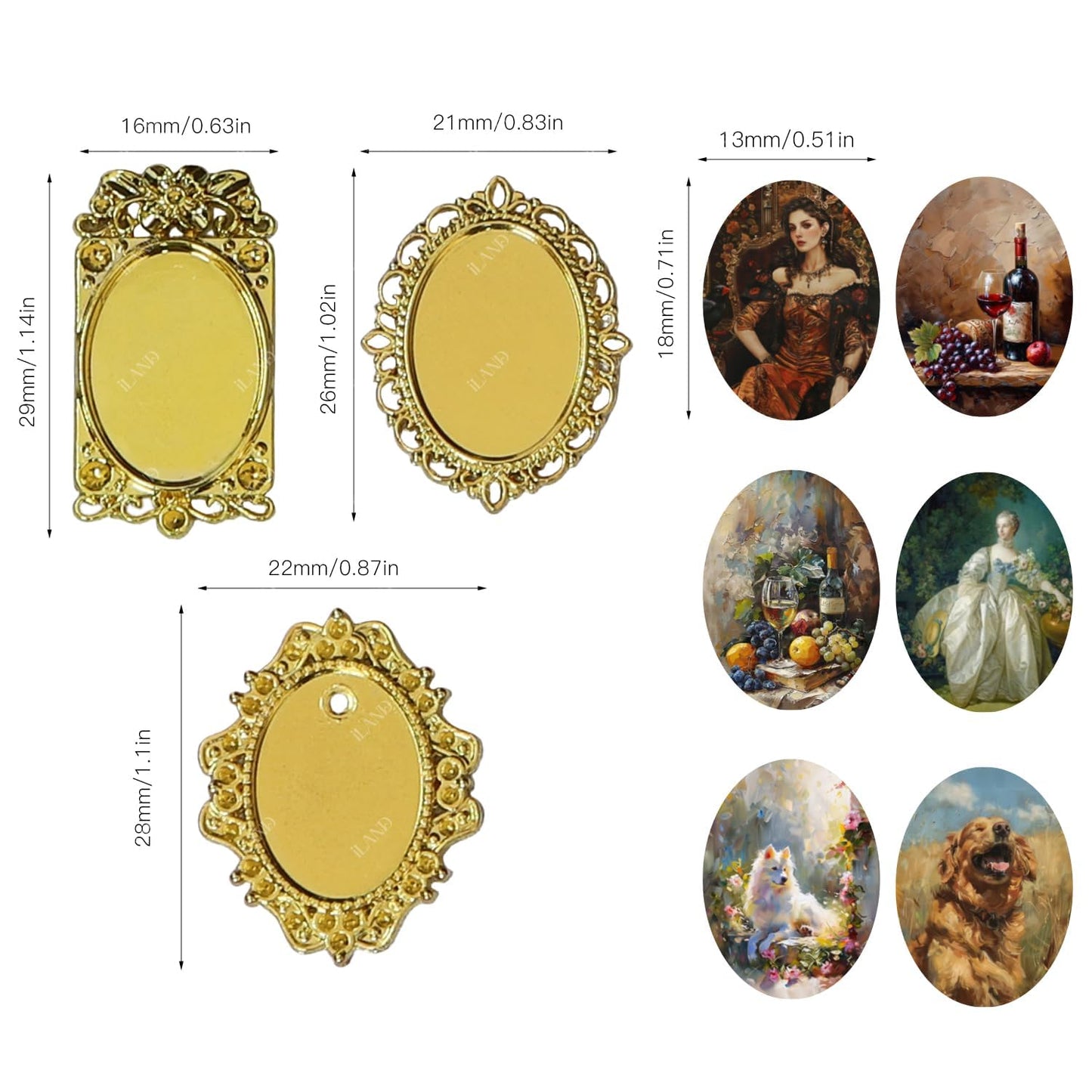 iLAND 1/12 Scale Tiny Frames – 7 Frames + 14 Miniature Pictures | Golden Tiny Frame Art for Dollhouses