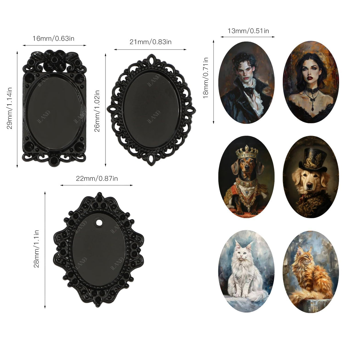iland 1/12 Scale Tiny Frame Art – 7 Frames + 14 Mini Paintings for Dollhouse Decor (Black Frames)