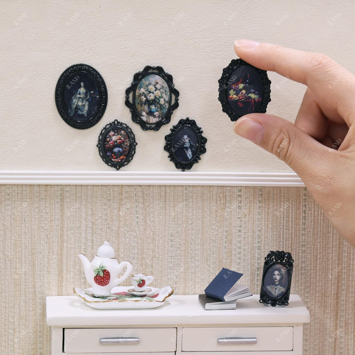 iland 1/12 Scale Tiny Frame Art – 7 Frames + 14 Mini Paintings for Dollhouse Decor (Black Frames)
