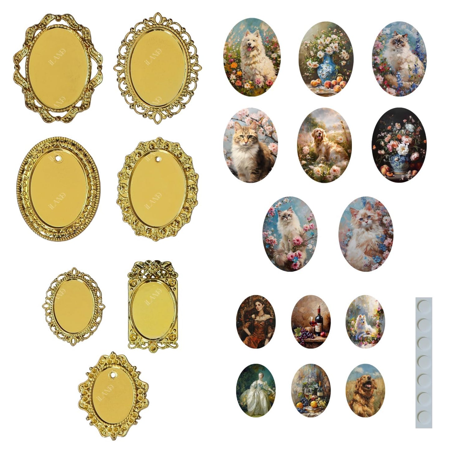 iLAND 1/12 Scale Tiny Frames – 7 Frames + 14 Miniature Pictures | Golden Tiny Frame Art for Dollhouses