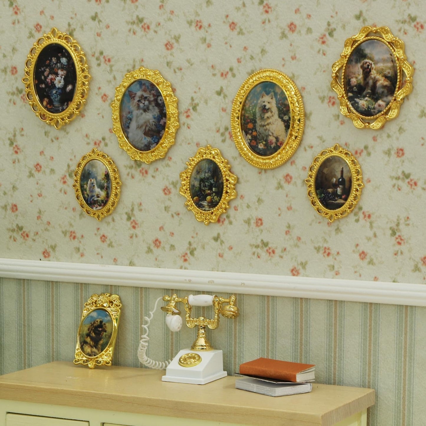 iLAND 1/12 Scale Tiny Frames – 7 Frames + 14 Miniature Pictures | Golden Tiny Frame Art for Dollhouses