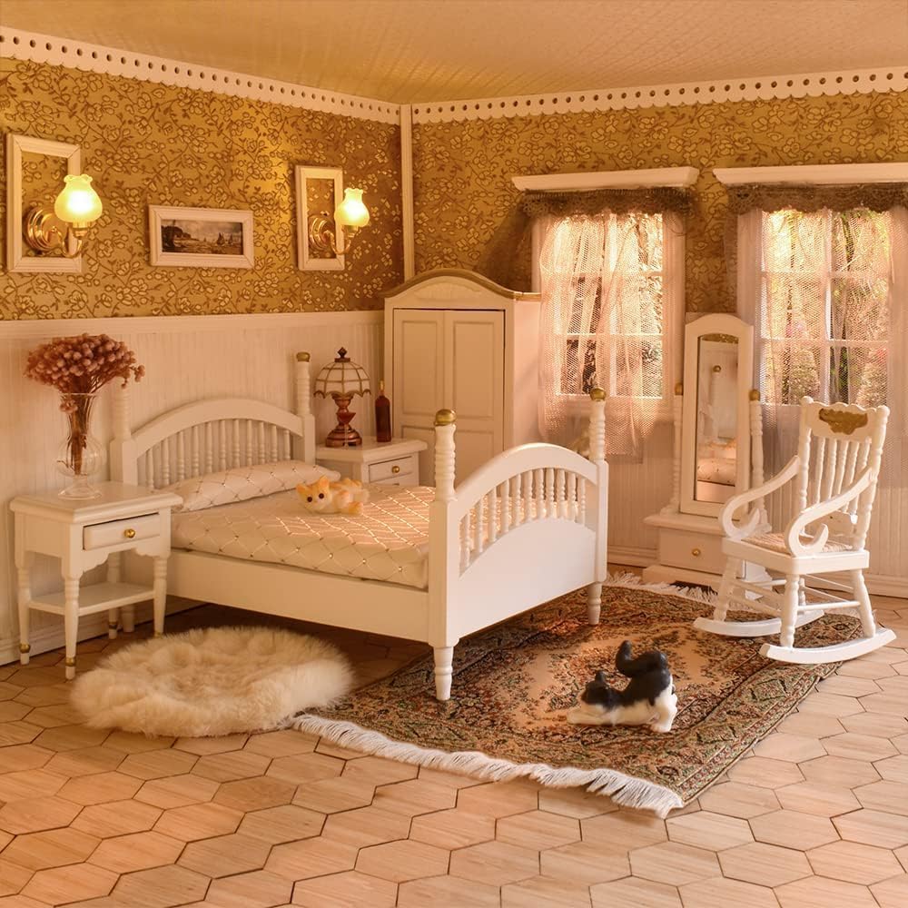 iLAND Victorian Dollhouse Furniture 1/12 Scale — Brewster Bedroom Set (White & Gold)