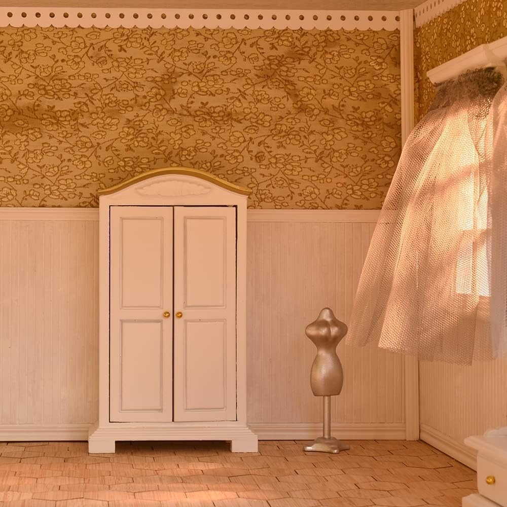iLAND Victorian Dollhouse Furniture 1/12 Scale — Brewster Bedroom Set (White & Gold)