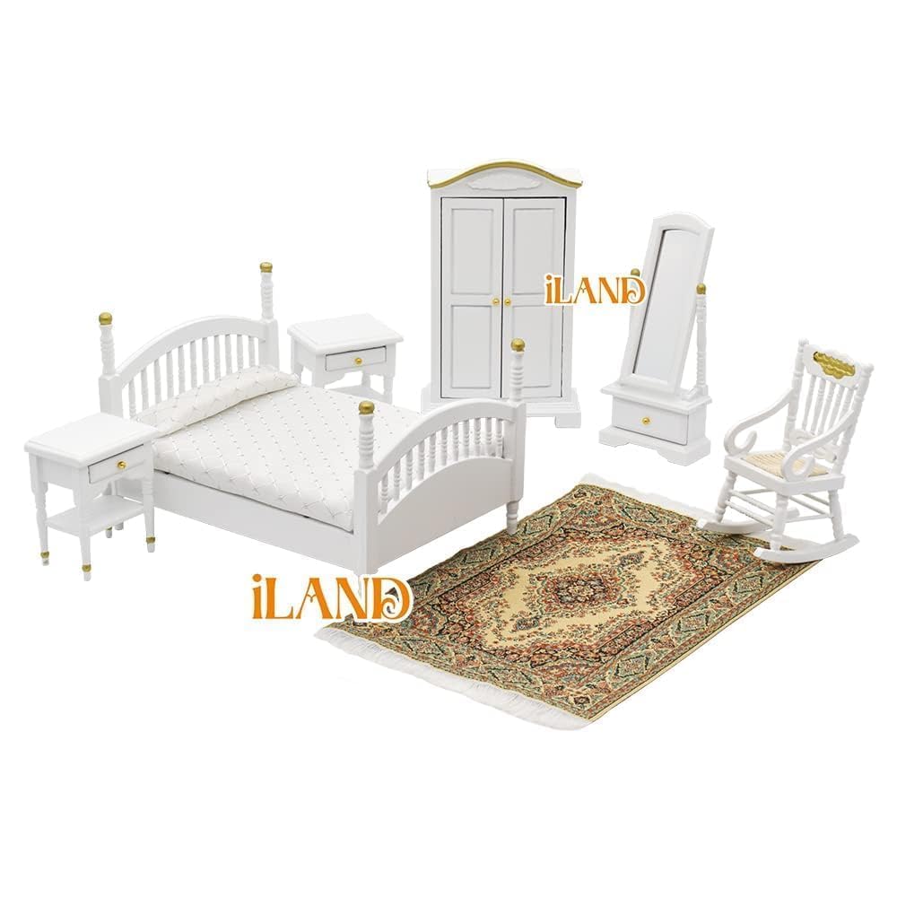 iLAND Victorian Dollhouse Furniture 1/12 Scale — Brewster Bedroom Set (White & Gold)