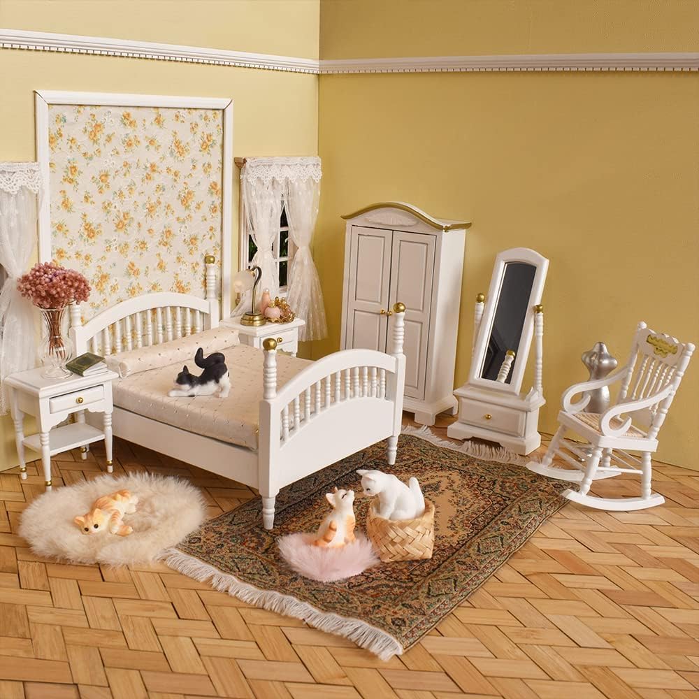 iLAND Victorian Dollhouse Furniture 1/12 Scale — Brewster Bedroom Set (White & Gold)