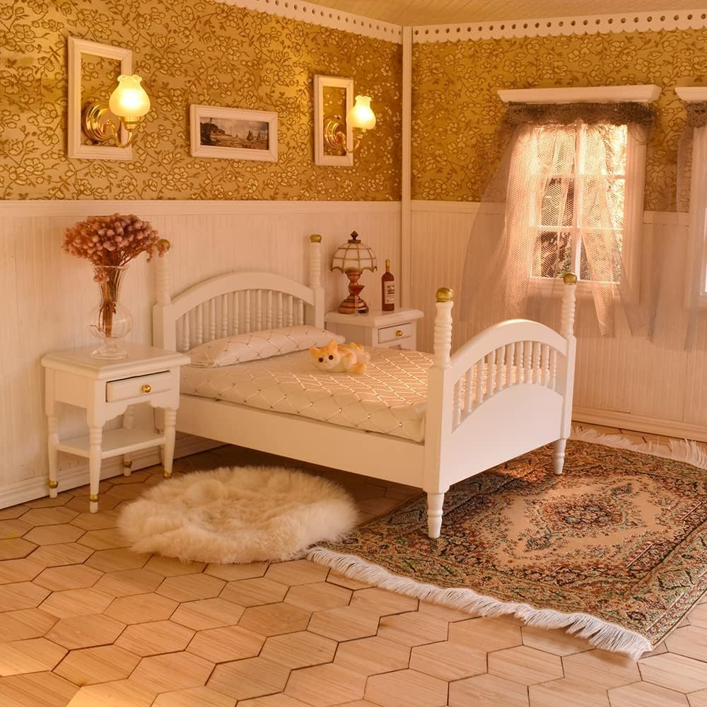 iLAND Victorian Dollhouse Furniture 1/12 Scale — Brewster Bedroom Set (White & Gold)