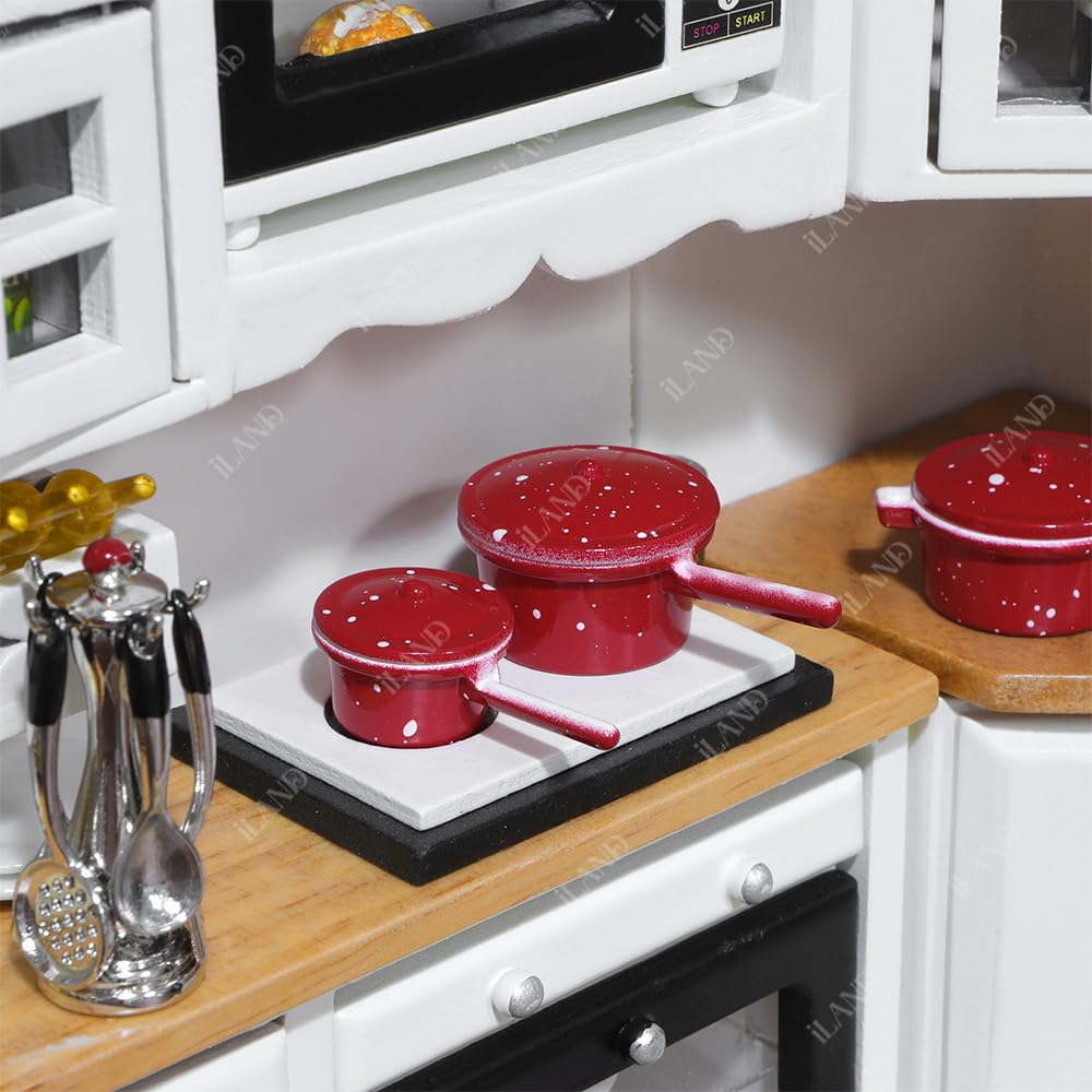 iland 1/12 Scale Dollhouse Kitchen Accessories — Metal Pots, Pans & Stand