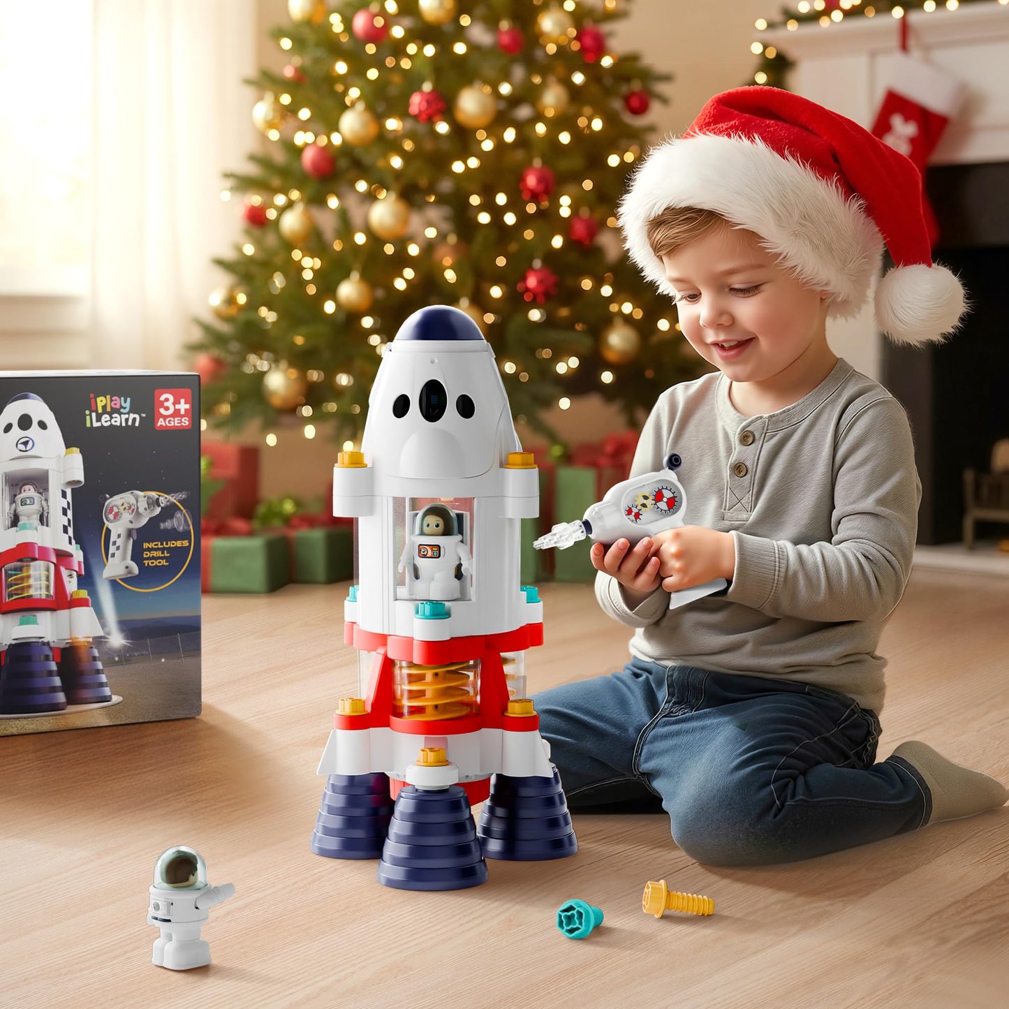 iPlay iLearn Rocket Space Toy – Space Shuttle Playset with Lights, Two Astronauts, STEM Take-Apart Gift for Ages 3-8