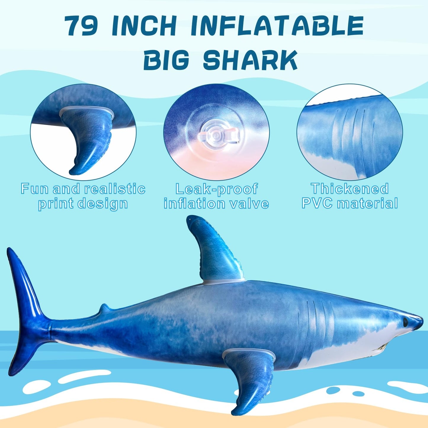ILEISURELY Extra Large 79in Inflatable Shark Pool Toy | Pool Party Decor & Gift