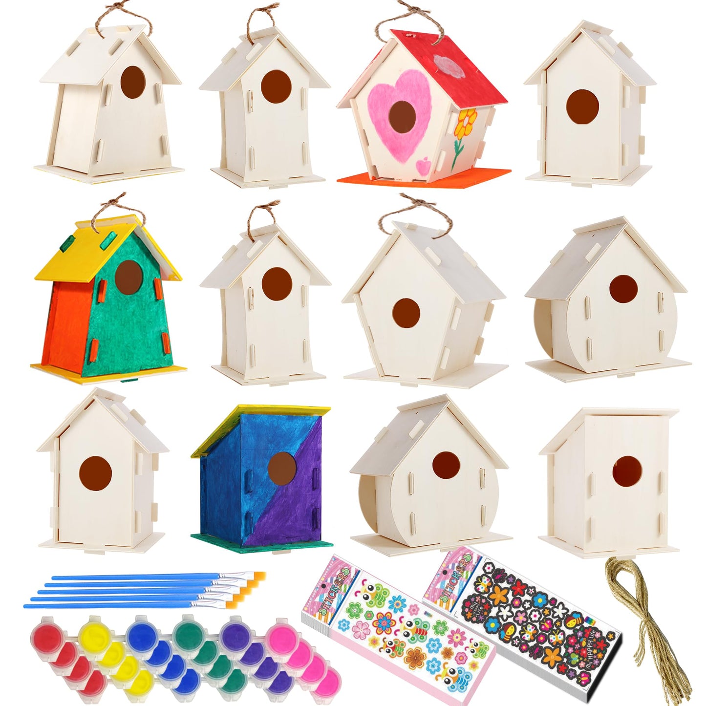ILHSTY 12-Pack Large DIY Bird House Kits for Kids – Build, Paint & Decorate (6 Styles)