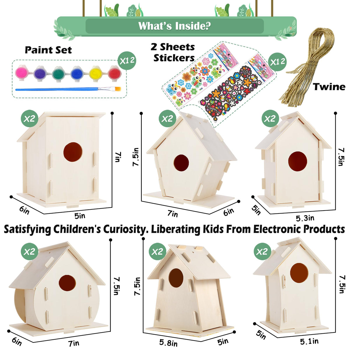 ILHSTY 12-Pack Large DIY Bird House Kits for Kids – Build, Paint & Decorate (6 Styles)
