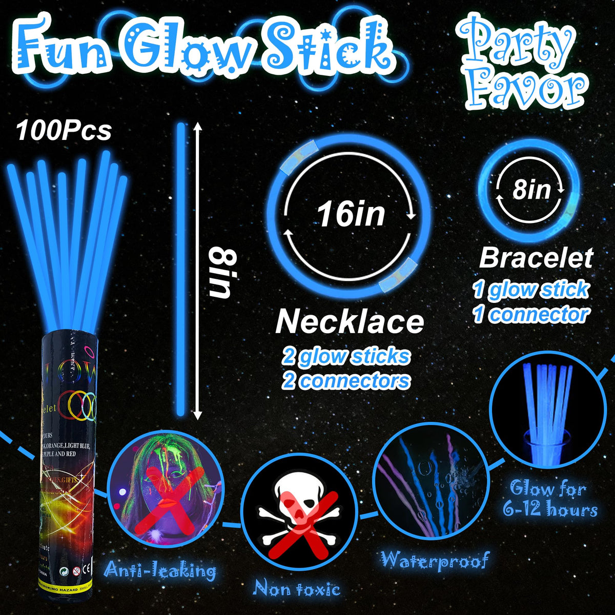 ILHSTY 100 Pack Blue Glow Sticks & Glow Necklaces – Bulk Party Favors for Night Events