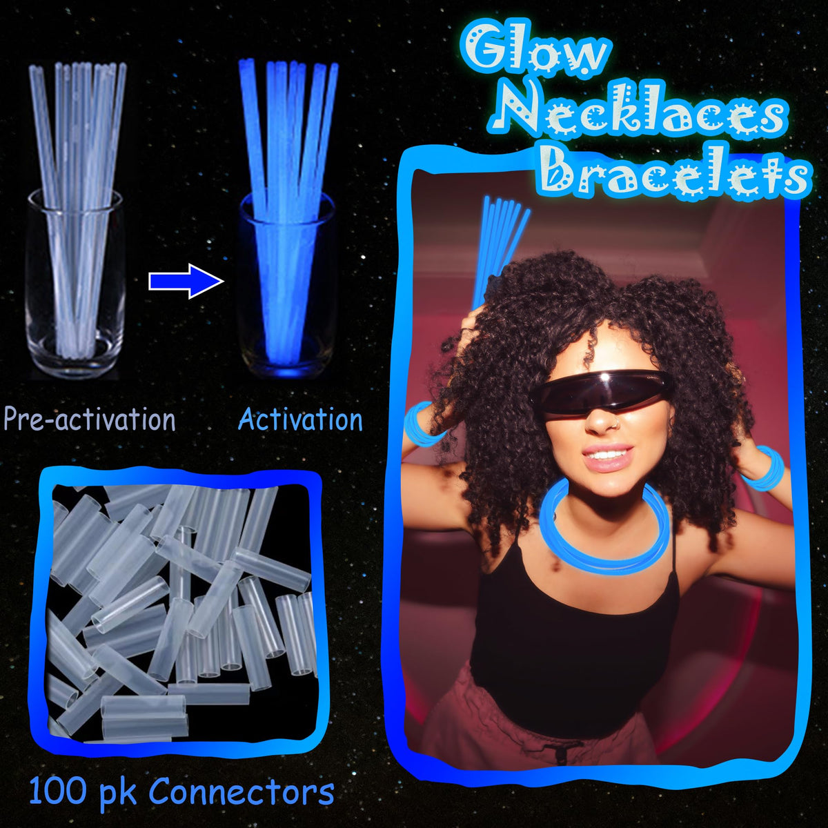 ILHSTY 100 Pack Blue Glow Sticks & Glow Necklaces – Bulk Party Favors for Night Events
