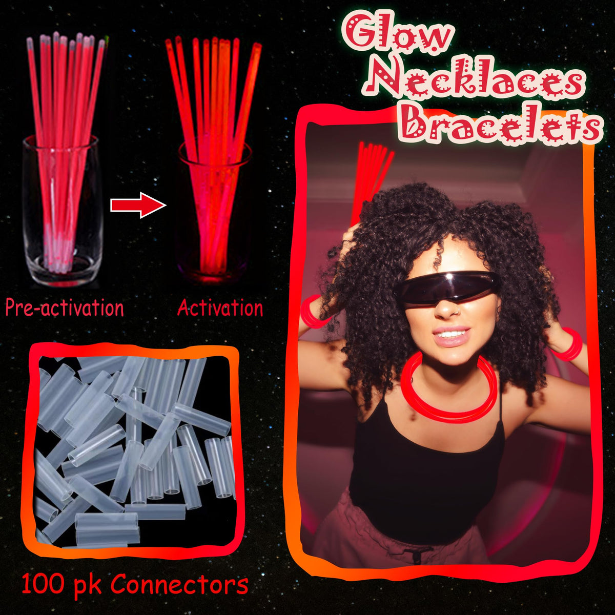 ILHSTY 100 Pcs 8'' Red Glow Sticks & Necklaces — Glow Party Favors Bulk