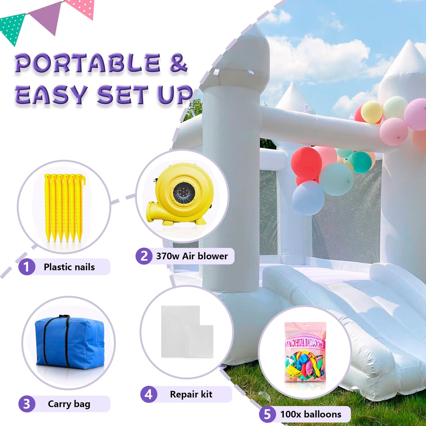 iLink-outer White Bounce House – Indoor/Outdoor Bouncy Castle for Kids 3-8 (103 x 71 x 90 in)