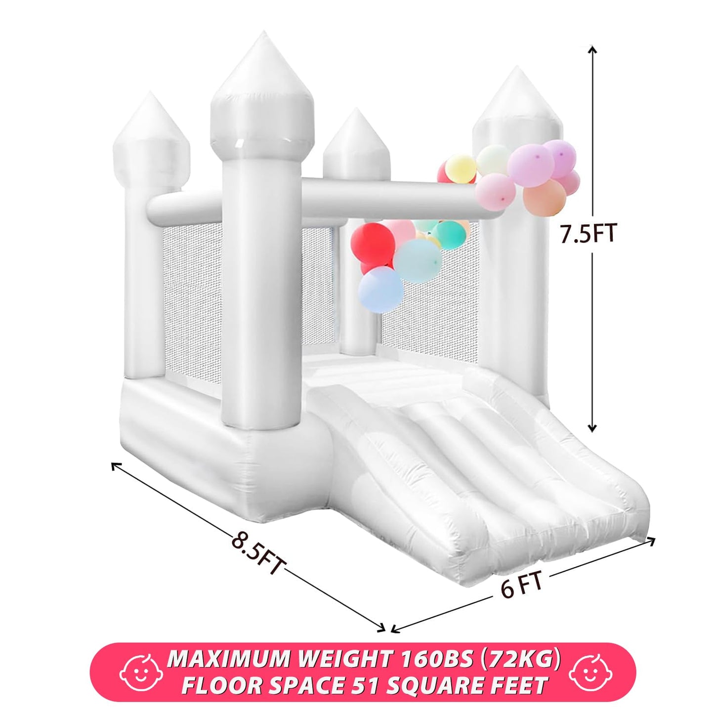 iLink-outer White Bounce House – Indoor/Outdoor Bouncy Castle for Kids 3-8 (103 x 71 x 90 in)