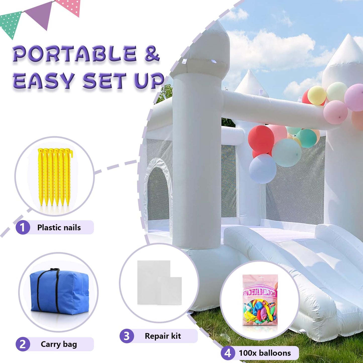 iLink-outer White Bounce House – Indoor/Outdoor 103x71x90 in, No Air Blower, Oxford Castle with Slide