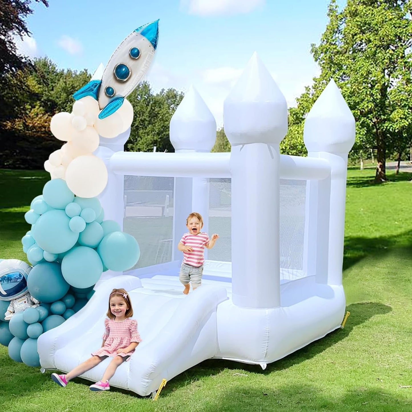 iLink-outer White Bounce House – Indoor/Outdoor 103x71x90 in, No Air Blower, Oxford Castle with Slide