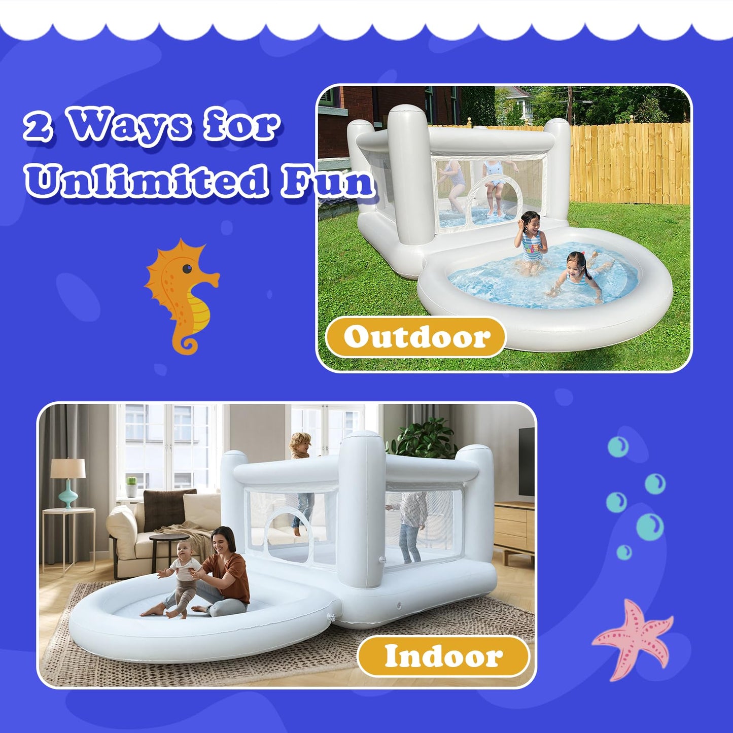 iLink-outer White Bounce House for Kids (2–8) with Pump — Indoor/Outdoor Bouncy Castle 68 x 68 x 58.2 in
