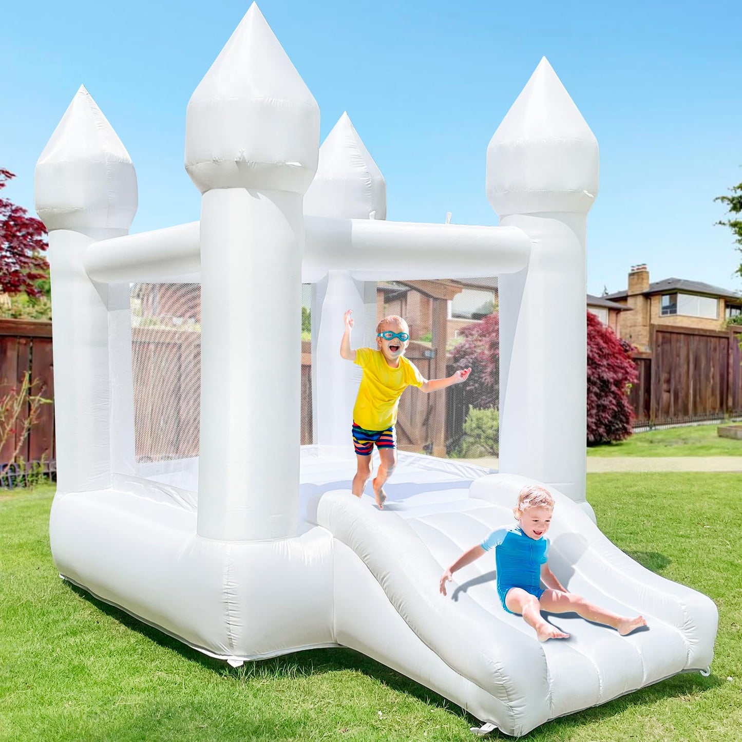 iLink-outer White Bounce House – Indoor/Outdoor 103x71x90 in, No Air Blower, Oxford Castle with Slide