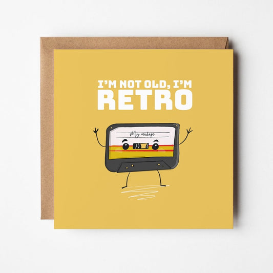 Retro Birthday Card – Funny Vintage Style Square Greeting Card with Kawaii Cassette Design