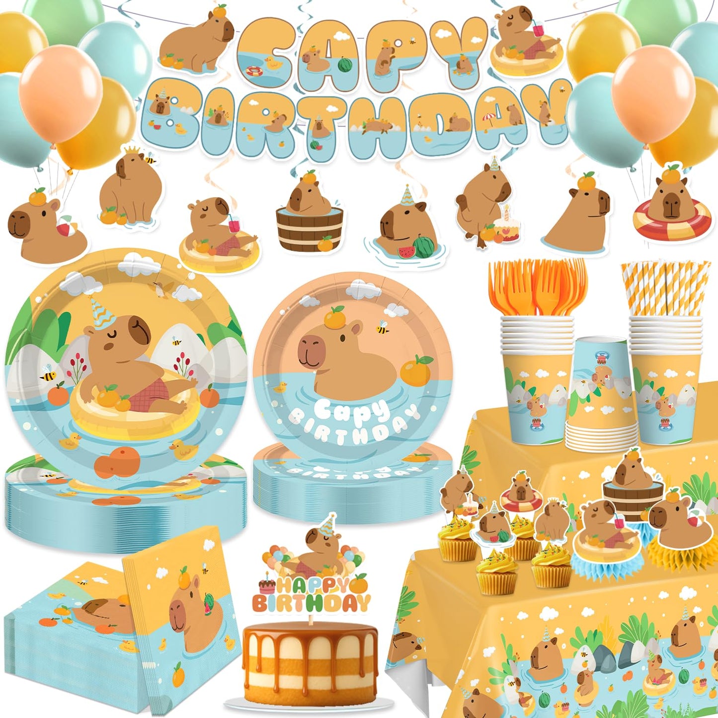 Yingoto 363 PCS Capybara Birthday Decorations for 50 Guests – Disposable Tableware & Party Kit