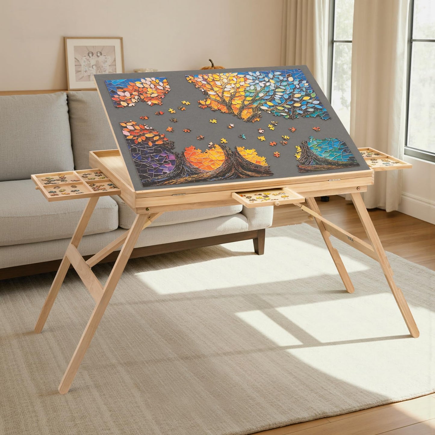 TEAKMAMA Puzzle Table - 27.6 Tall with Drawers | Adjustable 5-Tilt Angles, 34.2 x 26.3 Work Surface