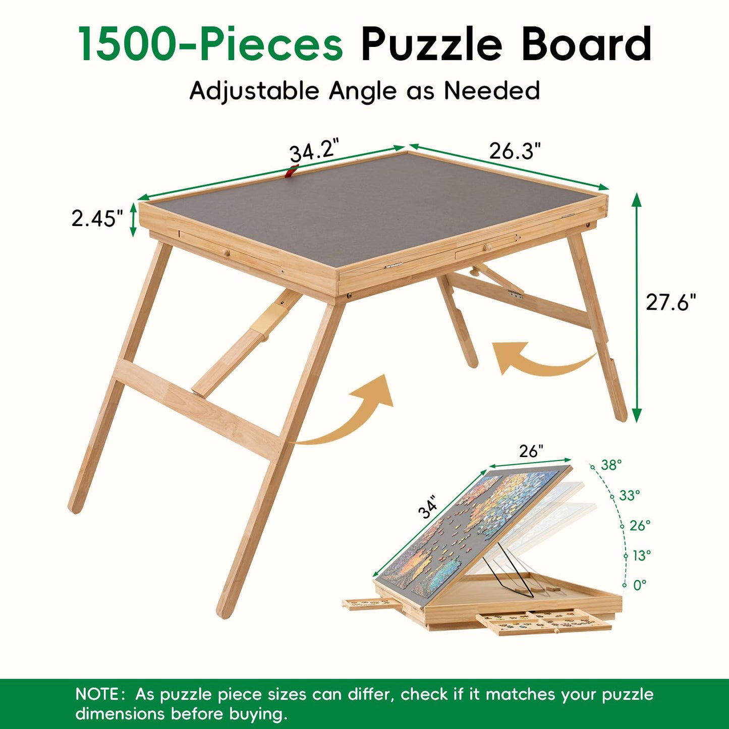 TEAKMAMA Puzzle Table - 27.6 Tall with Drawers | Adjustable 5-Tilt Angles, 34.2 x 26.3 Work Surface