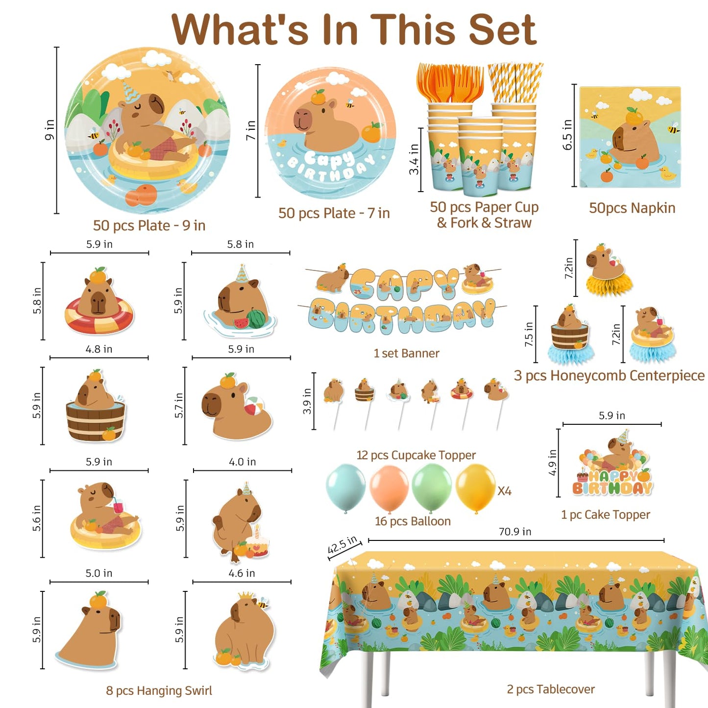 Yingoto 363 PCS Capybara Birthday Decorations for 50 Guests – Disposable Tableware & Party Kit
