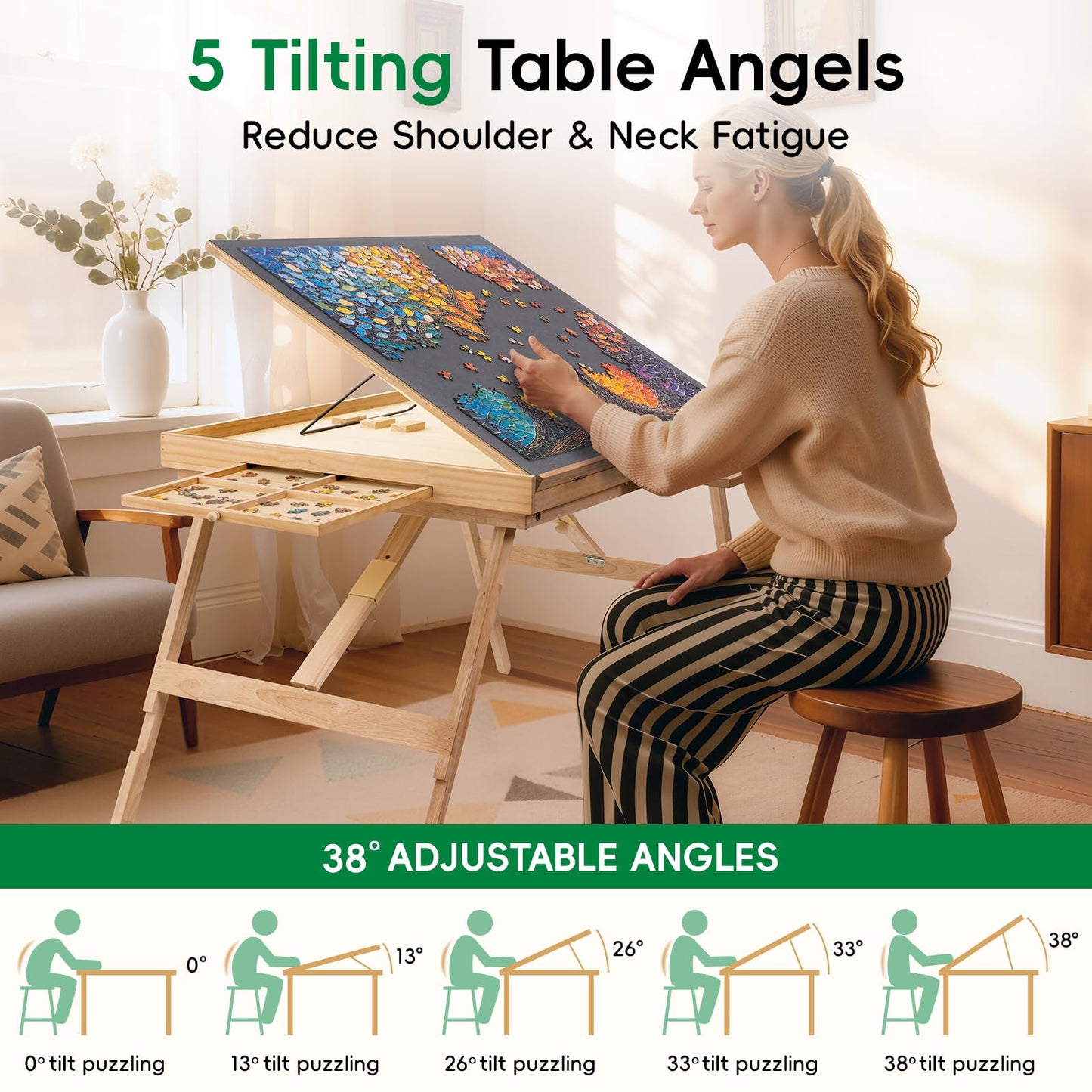 TEAKMAMA Puzzle Table - 27.6 Tall with Drawers | Adjustable 5-Tilt Angles, 34.2 x 26.3 Work Surface