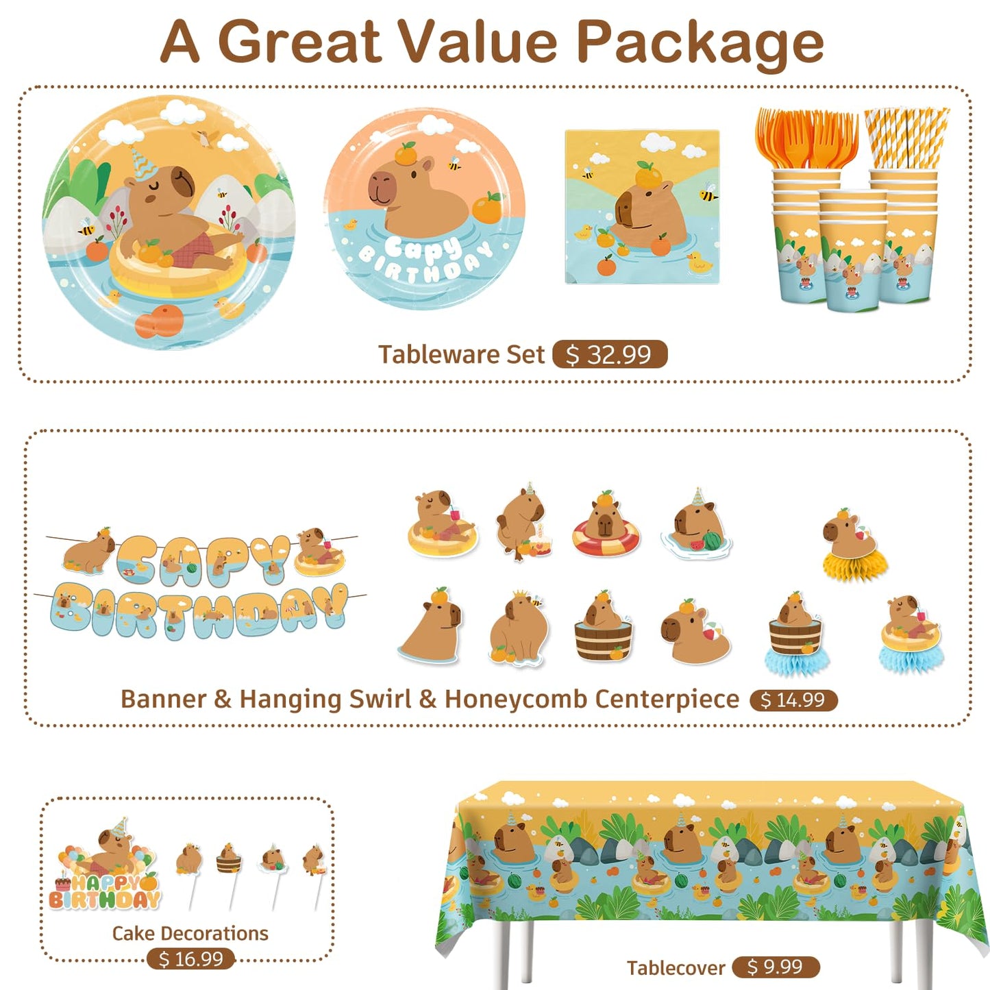 Yingoto 363 PCS Capybara Birthday Decorations for 50 Guests – Disposable Tableware & Party Kit