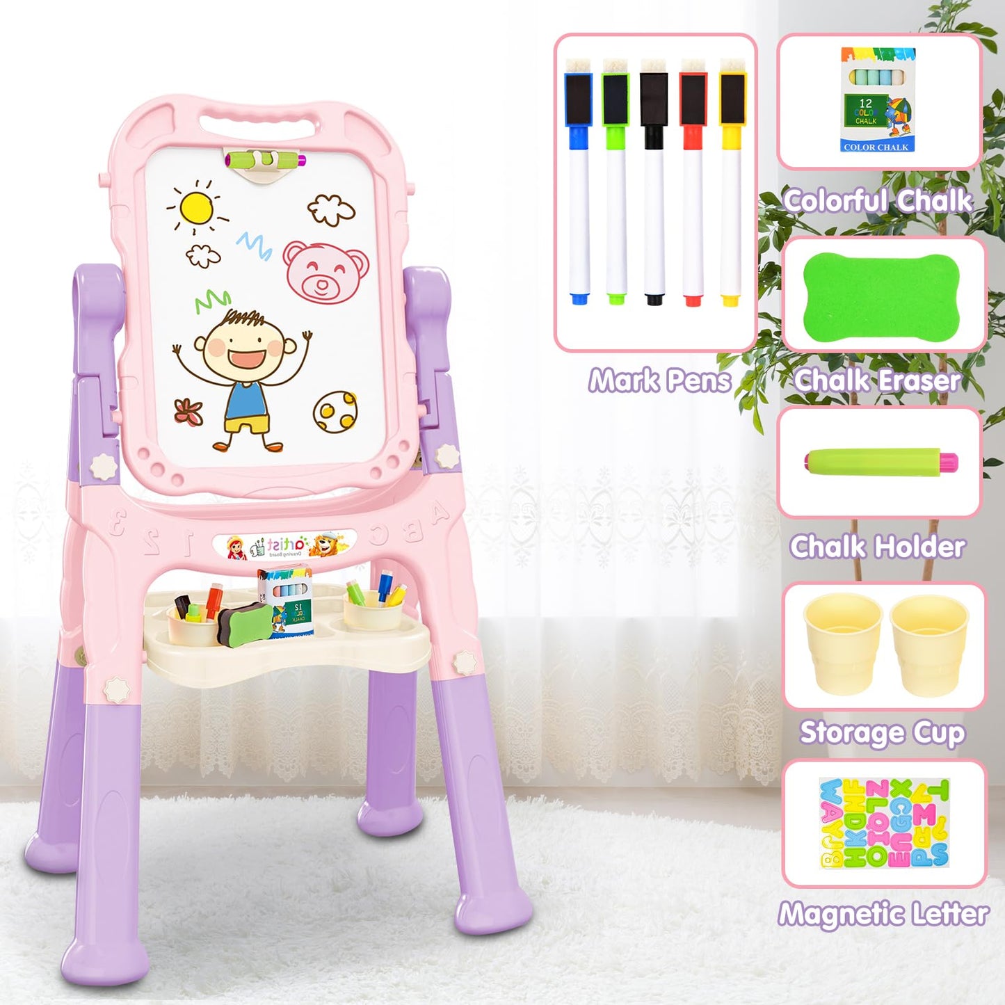 Amagoing Adjustable Kids Easel – Double-Sided Chalkboard & Whiteboard, 26-34 inches, Pink