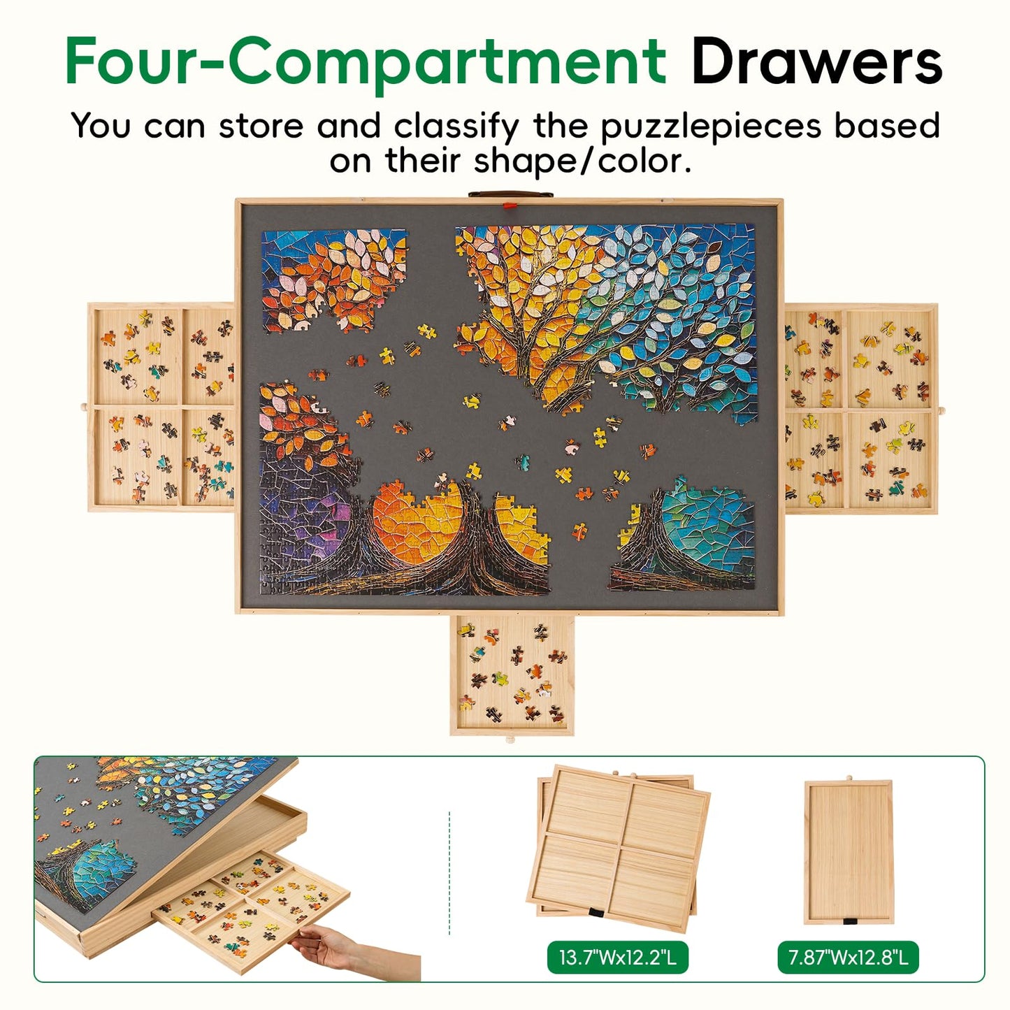 TEAKMAMA Puzzle Table - 27.6 Tall with Drawers | Adjustable 5-Tilt Angles, 34.2 x 26.3 Work Surface