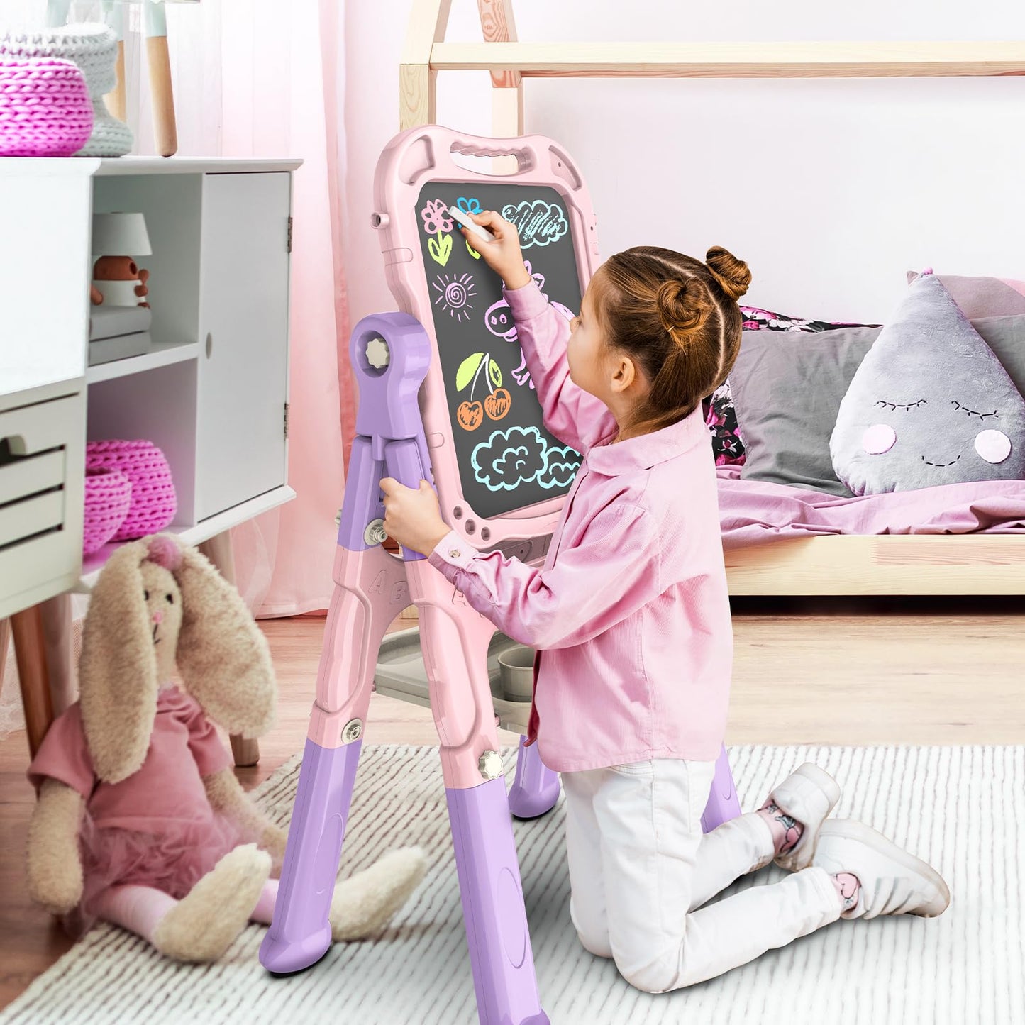 Amagoing Adjustable Kids Easel – Double-Sided Chalkboard & Whiteboard, 26-34 inches, Pink